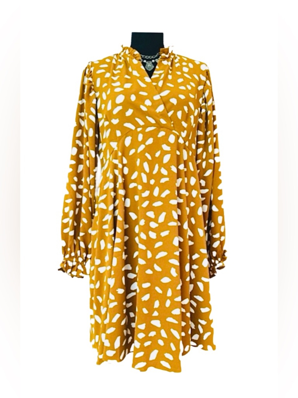 UMGEE ~ Muted Orange/Rust and White Loose Fit Ruffled Collar Patterned Dress